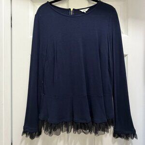 Crown & Ivy Navy Long Sleeve Tunic Top with Tulle Trim Detail Size M